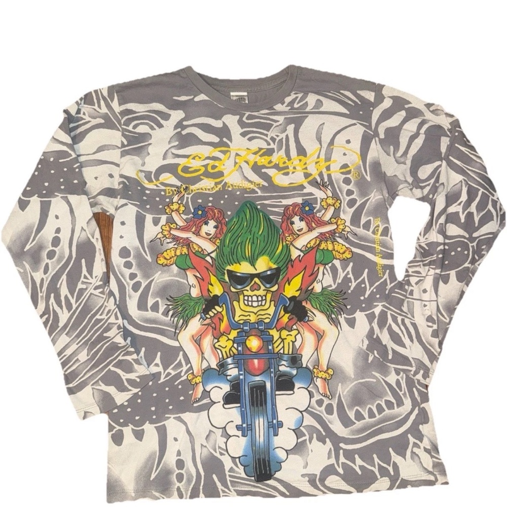 Ed Hardy Gray Long Sleeve Tee with Multicolor Skull Biker Graphic